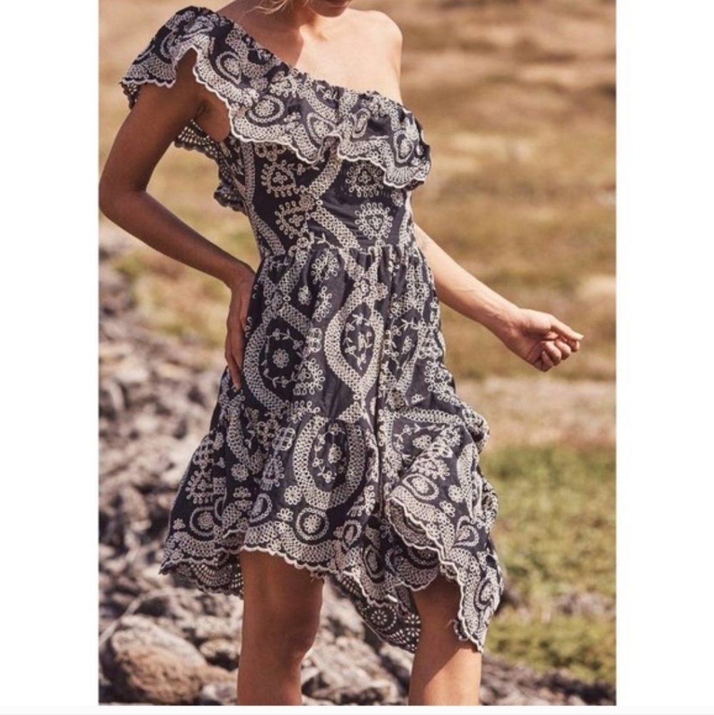 LoveShackFancy Pamela Embroidered One Shoulder Dress Black tan Asymmetrical M